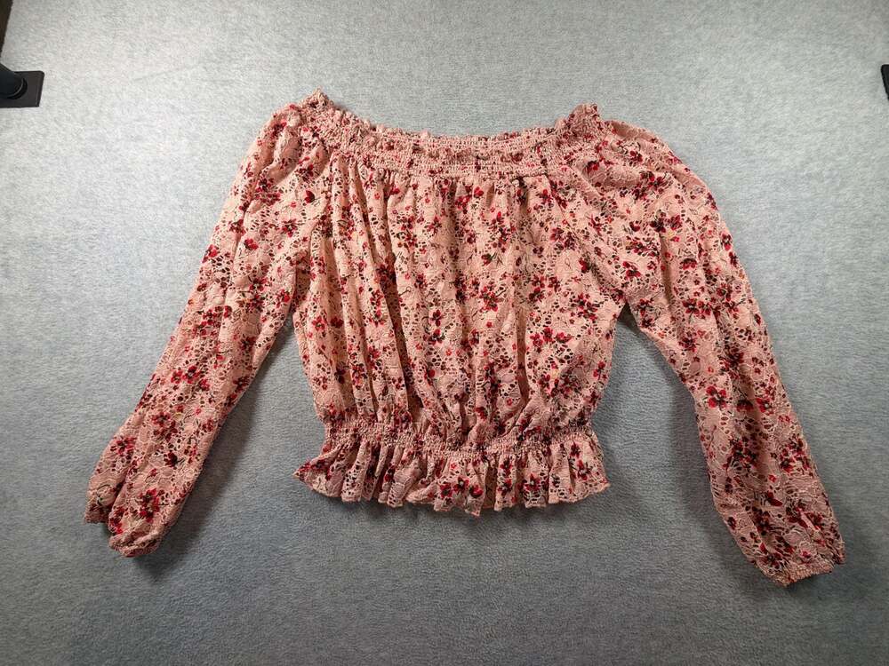 Bongo Women's Pink Floral Lace Off-The-Shoulder Smocked Peplum Long Sleeve Top